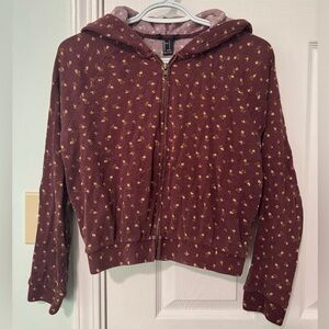 Forever 21 burgundy Hooded Zip-Up with Tiny Yellow Floral Print